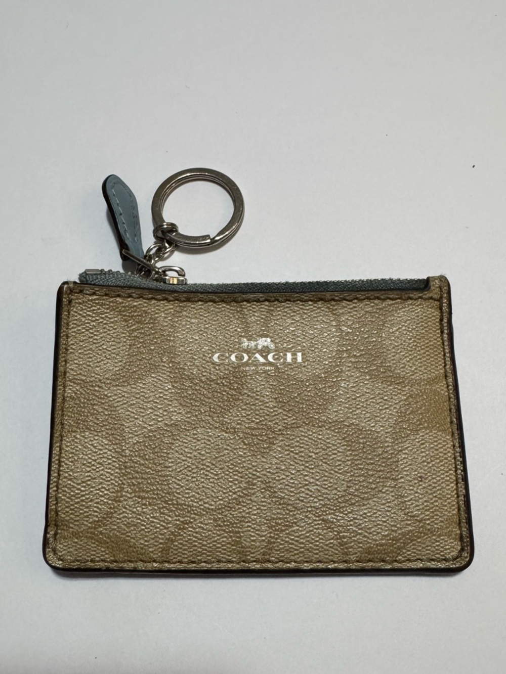 Coach ID Card Holder Keychain Zip Coin Purse Wallet Signature Canvas Tan Blue